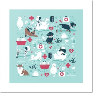 Veterinary medicine, happy and healthy friends // aqua background red details navy blue white and brown cats dogs and other animals Posters and Art